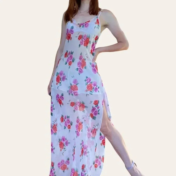 2000s y2k vintage sheer floral maxi dress - Fantasies by Morgan Taylor Medium - Picture 1 of 8